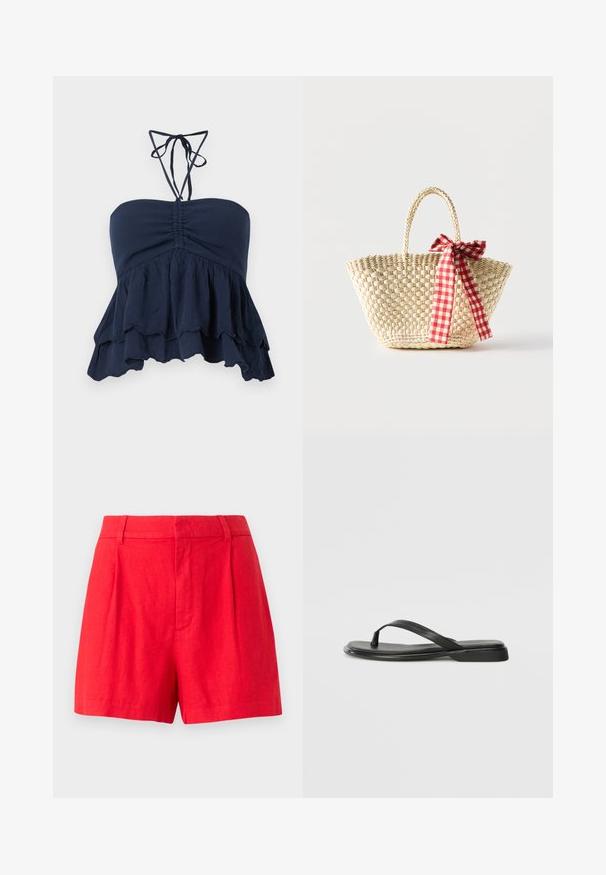Marineblå strapless top med en samlet bodice, volangkant og tynde halssnore. Blødt, tekstureret stof med en afslappet pasform, ideel til afslappet brug.; Røde linned shorts med et skræddersyet design, der har foldedetaljer, en glat tekstur og en mellemhøj talje.; Sorte flip-flops lavet af glat læder, med et tyndt remdesign og en flad sål med et minimalt profil. Ingen bemærkelsesværdige mønstre eller accenter.; Flettet stråtaske med fletninger til håndtagene og et rødt og hvidternet bånd bundet som en sløjfe på den ene side.