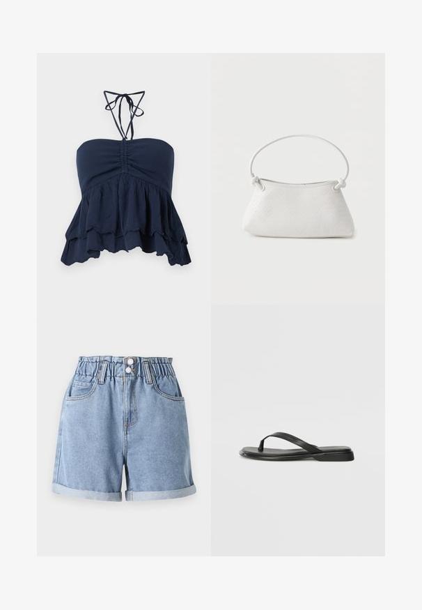 Navyblaues trägerloses Oberteil mit gefaltetem Oberteil, fransigem Saum und dünnen Halsschlaufen. Weicher, texturierter Stoff mit lockerer Passform, ideal für die Freizeit.; Hellblaue Denim-Shorts mit elastischem Bund, zwei Vordertaschen, umgeschlagenen Säumen und Doppelknopfverschluss. Glatte Textur, lässiges Design.; Schwarze Flip-Flops aus glattem Leder, mit einem dünnen Riemendesign und einer flachen Sohle mit minimalem Profil. Keine bemerkenswerten Muster oder Akzente.; Weiße gewebte Lederhandtasche mit abgerundetem Griff und verknoteten Riemenenden, vor schlichtem Hintergrund präsentiert.