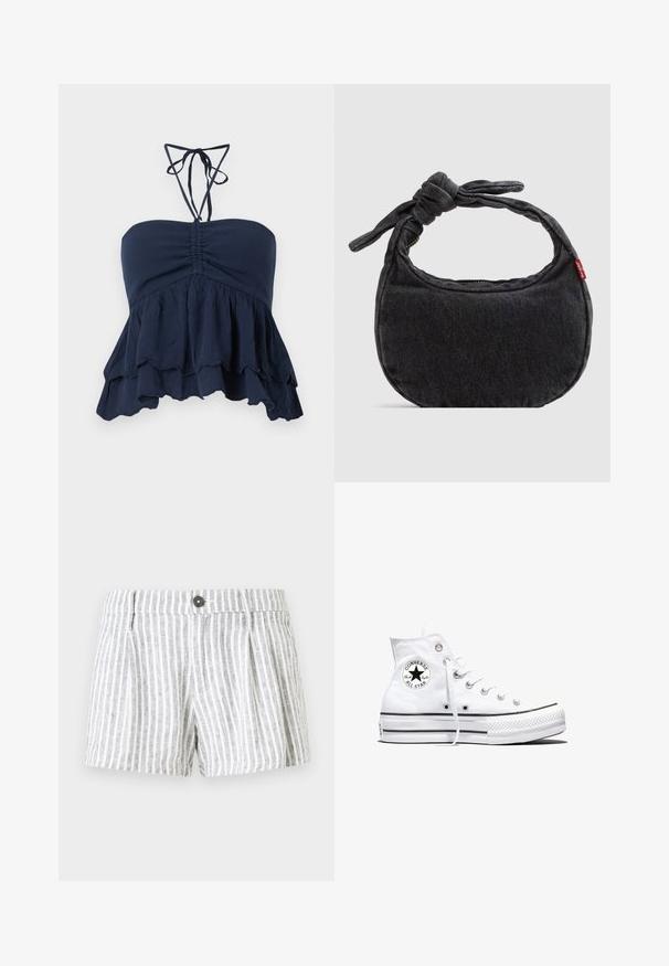 Top sin tirantes azul marino con un cuerpo fruncido, dobladillo con volantes y delgadas cintas al cuello. Tejido suave y texturizado con un ajuste relajado, ideal para un look casual.; Pantalones cortos a rayas en gris claro y blanco, con cierre de botón, pliegues en la parte frontal y una tela suave y texturizada.; Zapatilla blanca de caña alta Converse Chuck Taylor All Star con parche de logo negro y cordones blancos, presentada sobre fondo blanco.; Bolso pequeño de hombro de mezclilla negra con correa anudada y cierre de cremallera, con una etiqueta de tela roja de Levi's en el lateral.