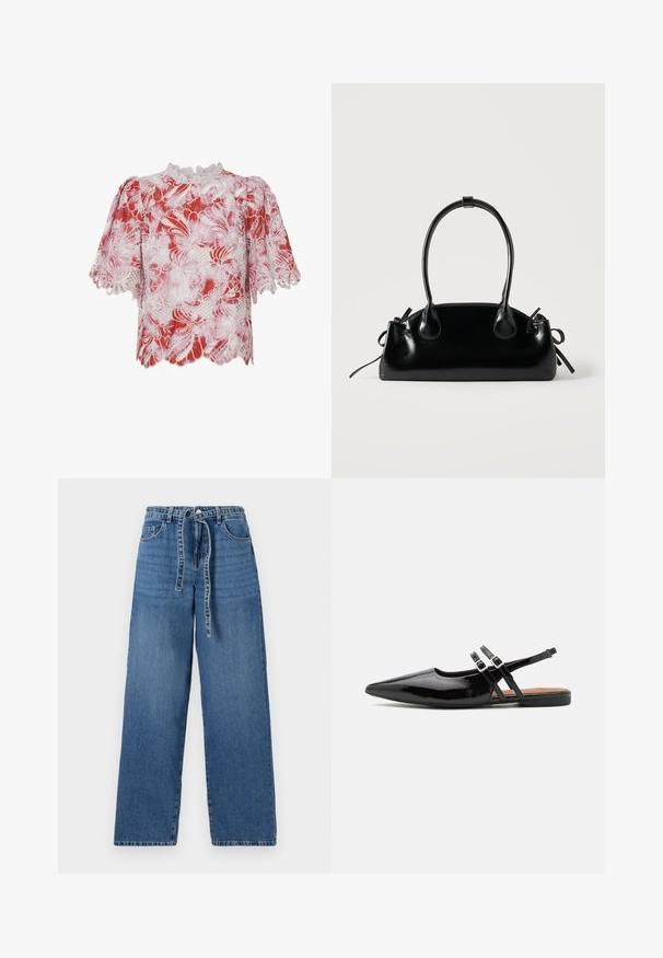 Rood en witte blouse met korte mouwen, versierd met bloemige kantpatronen, gegolfde randen en een hoge hals met complexe afwerking en uitsnijdingen.; Lichtblauwe denim wide-leg jeans met een hoge taille, voorzien van een striksluiting, twee voorzakken en een licht vervaagd patroon.; Zwarte gepatineerde leren slingback schoenen hebben een spitse neus, twee banden met gespsieraden en een platte zool.; Kleine zwarte glanzende handtas met twee lange hengsels en zijkant trekkoord details op een effen lichte achtergrond.
