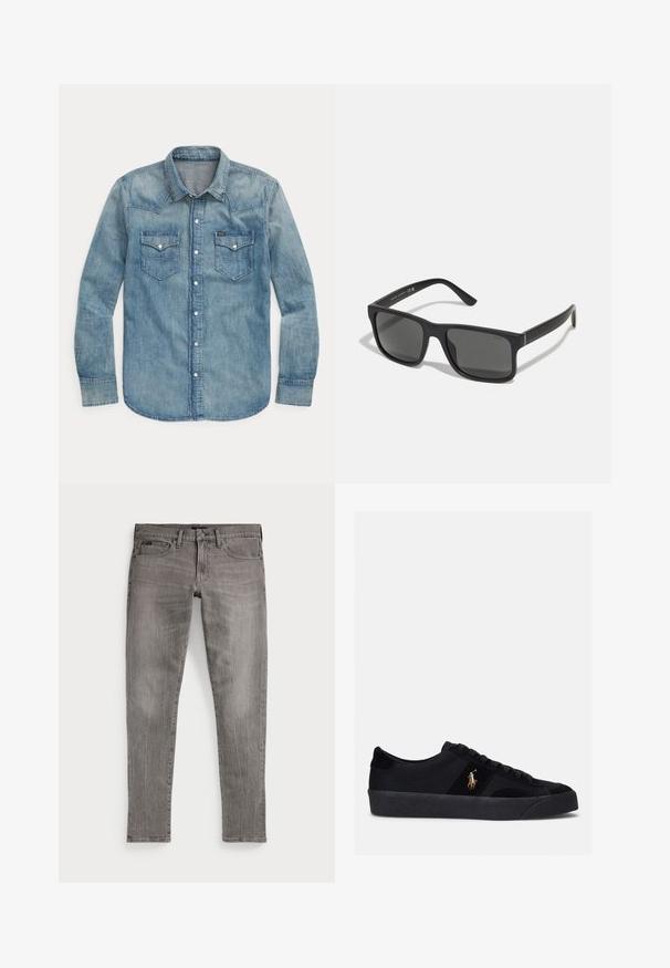 Lyseblå denimskjorte med lange ærmer, knaplukning foran, to brystlommer med klapper og spids krave.; Grå denim jeans, slim fit, med lige ben. Har klassisk femlomme-design, stikninger og en let falmet tekstur.; Sorte sneakers med overdel i stof og ruskind, rund tå, flad gummisål og broderet logo på siden. Snørebåndsdesign med seks snørehuller.; Sorte rektangulære solbriller med mørke linser og mat finish. Har et præget "POLO"-logo på stængerne og et robust rammedesign.