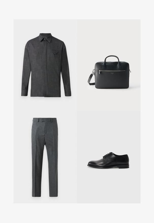 Camisa gris de manga larga hecha de tejido texturizado. Presenta un cuello punta y un pequeño bolsillo en el pecho con una solapa triangular.; Pantalones grises ajustados con un fino estampado de cuadro, diseño de pierna recta y una textura de tela suave. Cuenta con trabillas para cinturón y cierre de cremallera.; Zapato de vestir de cuero negro con punta redondeada, diseño con cordones, textura suave y suela de goma de perfil bajo. Detalles de costura mínimos.; Maletín rectangular de cuero negro con asas dobles, bolsillo delantero con cremallera y correa de hombro desmontable sobre un fondo claro y liso.