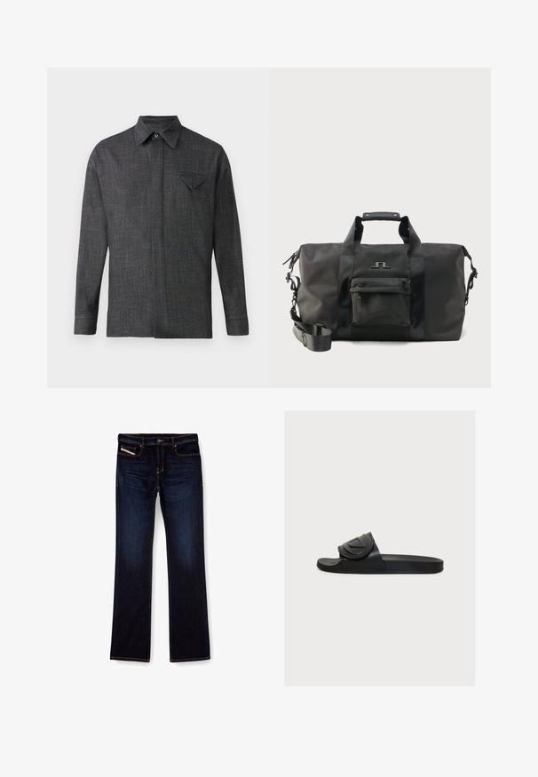 Camisa gris de manga larga hecha de tejido texturizado. Presenta un cuello punta y un pequeño bolsillo en el pecho con una solapa triangular.; Jeans de mezclilla de color azul oscuro con corte recto, con costuras naranjas, cremallera en la bragueta y bolsillos delanteros. Textura suave y cinturilla estándar.; Sandalia tipo chancla de goma negra con una amplia correa ajustable que presenta un diseño geométrico en relieve, suela plana y tacón mínimo.; Bolsa de lona negra con dos asas, correa de hombro ajustable, bolsillo delantero con cremallera y logotipo minimalista sobre fondo liso.