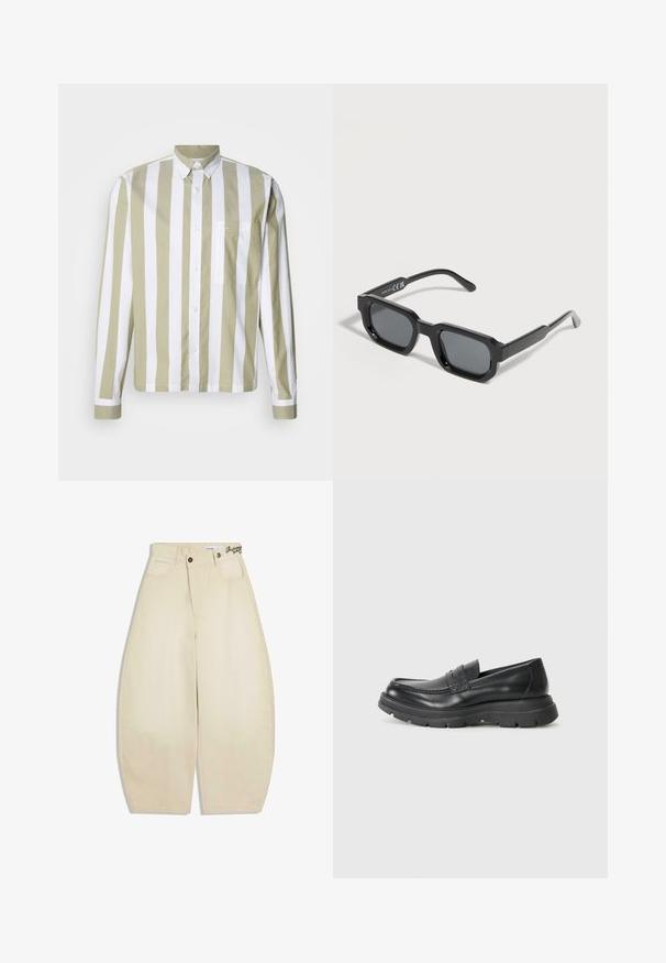 Chemise à manches longues rayée vert olive clair et blanc avec fermeture à boutons, col à pois et une poche poitrine unique. Tissu en coton.; Pantalon beige taille haute à jambes larges avec fermeture à boutons et zip, poches avant et passants pour ceinture, posé à plat sur fond blanc.; Chaussure noire en cuir à enfiler avec un design mocassin, embout arrondi, semelle en caoutchouc épaisse et subtil détail de couture sur la partie supérieure.; Lunettes de soleil rectangulaires noires avec des montures épaisses et des verres teintés foncés, inclinées sur un fond blanc.