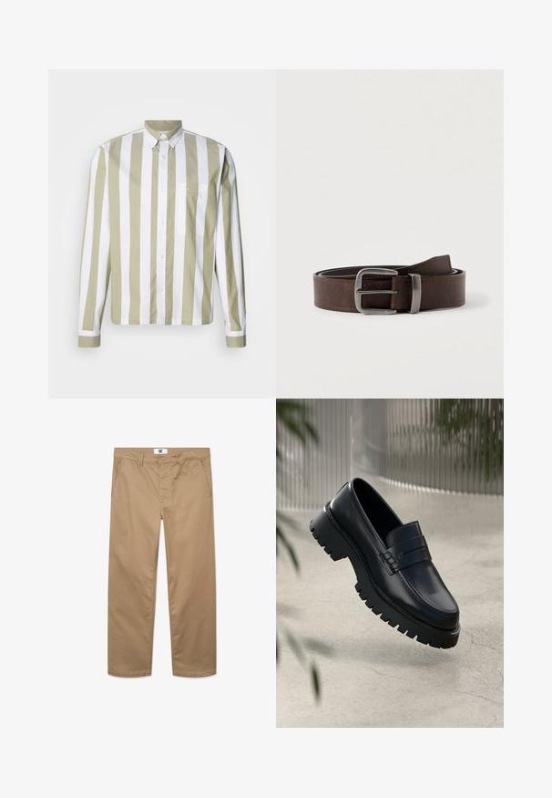 Camisa de manga larga con rayas en oliva claro y blanco, cierre con botones, cuello puntiagudo y un único bolsillo en el pecho. Tejido de algodón.; Pantalones de algodón caqui con un diseño de pierna recta, que cuentan con un cierre de un botón, pasadores para cinturón y dos bolsillos laterales. Textura suave.; Mocasines de cuero negro con suela gruesa, que presentan una correa decorativa y detalles de costura. Textura suave con un acabado pulido.; Cinturón de cuero marrón oscuro con hebilla rectangular plateada, enrollado y apoyado sobre un fondo neutro claro.