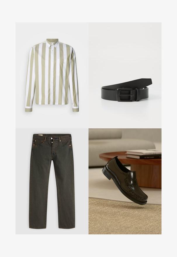 Chemise à manches longues rayée vert olive clair et blanc avec fermeture à boutons, col à pois et une poche poitrine unique. Tissu en coton.; Jean en denim vert foncé, avec une coupe droite, cinq poches, des éléments en métal cuivre et un léger délavage.; Mocassin en cuir noir à enfiler flottant au-dessus d'un tapis beige tissé avec une table basse en bois et des livres en arrière-plan.; Ceinture en cuir noir avec une boucle en métal noir mat, présentant une texture lisse et un design simple. Longueur réglable avec une extrémité effilée.