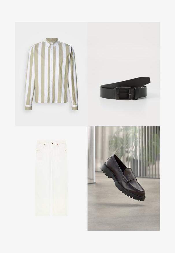 Licht olijfkleurig en wit gestreept shirt met lange mouwen, knoopsluiting, puntkraag en een enkele borstzak. Gemaakt van katoen.; Witte broek met rechte pijpen, voorzakken, riemlussen en koperen knoop- en klinknageldetails.; Bruine leren instapschoen met een afgeronde neus en een stevige zwarte rubberen zool. Voorzien van een decoratief bandje over de wreef.; Zwarte leren riem met een matte zwarte metalen gesp, met een gladde textuur en eenvoudig ontwerp. Verstelbare lengte met een taps toelopend uiteinde.