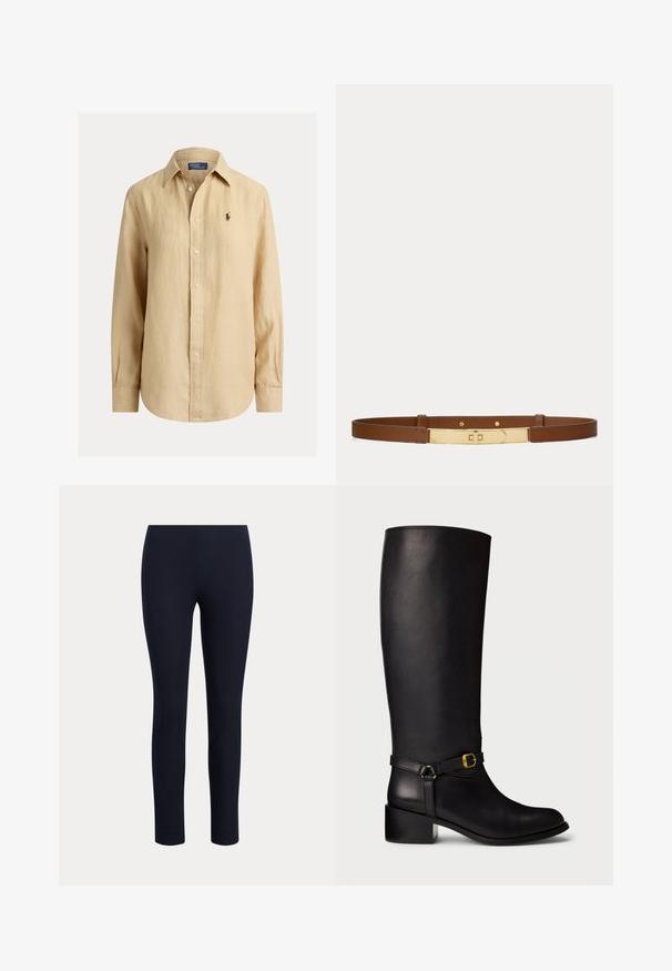 Beige overhemd met lange mouwen, knopen, kraag, klein geborduurd logo op de linkerborst en zichtbare knopen aan de voorkant.; Strakke marineblauwe leggings in volledige lengte met hoge taille, getoond tegen een effen lichte achtergrond.; Zwarte leren kuitlange laarzen met een lage blokhak en een decoratieve band met een kleine gouden gesp op de enkel.; Slanke bruine leren riem met een rechthoekige gouden metalen gesp met een centraal draaisluiting.