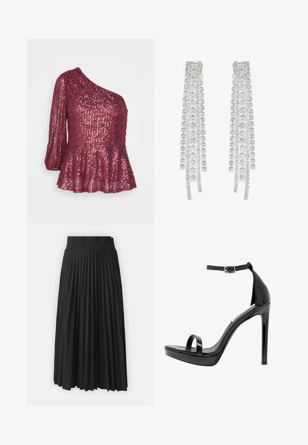 JDY JDYCARMEN ONE SHOULDER GLITTER - Débardeur - apple butter; Jupe plissée noire avec une large ceinture, présentant des plis verticaux uniformes. Texture lisse avec un design fluide.; Steve Madden MILANO - Sandales à talons hauts - black; De longues boucles d'oreilles en argent ornées d'un assortiment de cristaux transparents à facettes, disposés en fils cascade de longueurs et de formes variées.