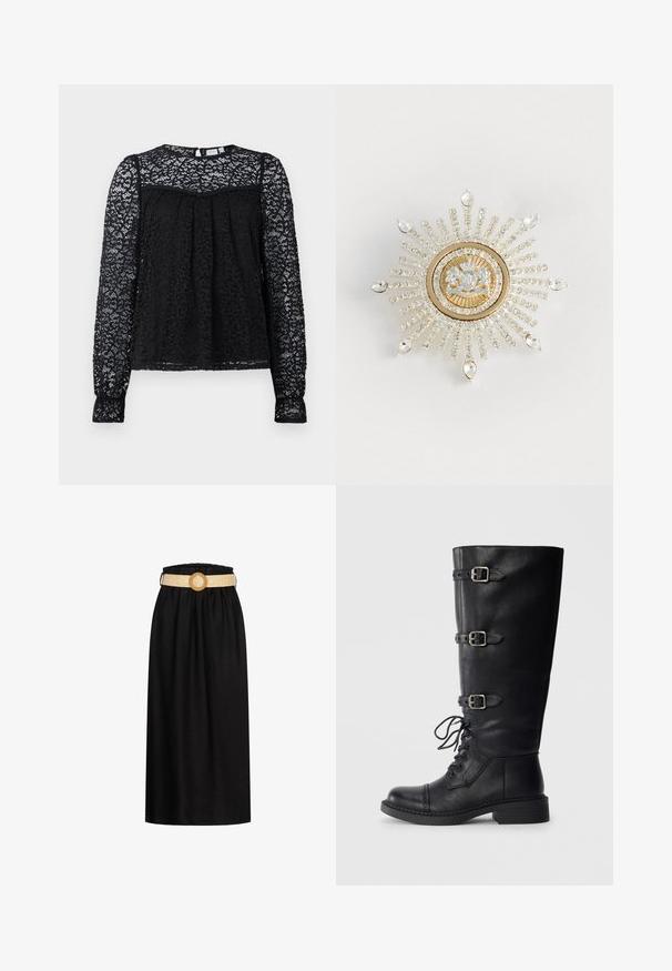 Blouse en dentelle noire avec un motif floral texturé. Comprend des manches longues, un col rond et des détails froncés au niveau de la poitrine.; Jupe midi noire en tissu doux, avec une taille élastiquée et une ceinture tissée beige avec une boucle circulaire.; Bottines en cuir noir, hautes jusqu'au genou, avec un laçage sur le devant, trois accents de boucles, un bout rond et un petit talon carré. Texture lisse avec une finition mate.; Broche en or et argent en forme d'éclat de soleil, avec une grande pierre précieuse claire au centre et des rangées radieuses de petits cristaux clairs, accentuées par des gouttes.