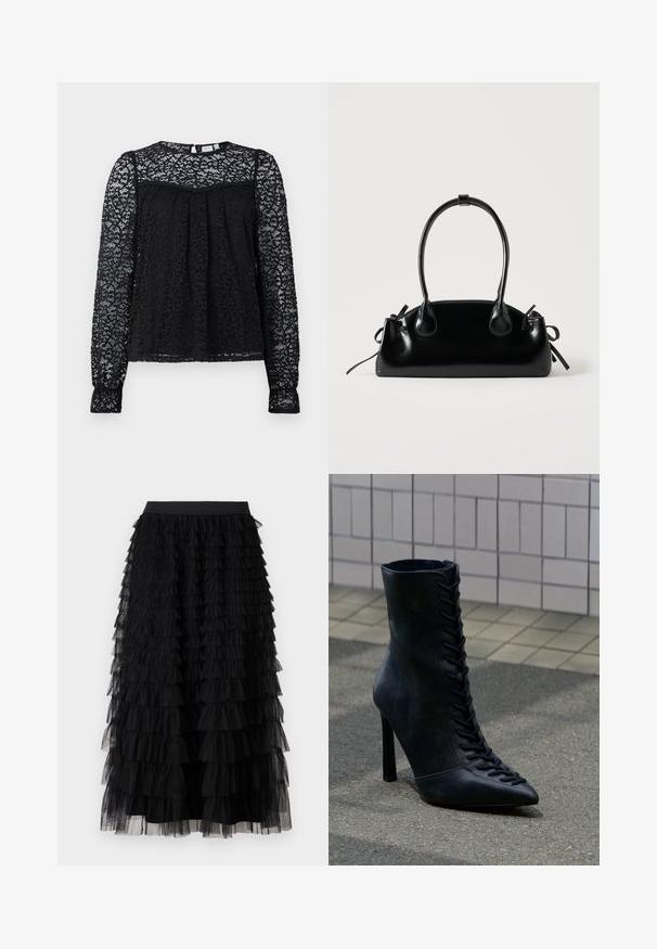 Blouse en dentelle noire avec un motif floral texturé. Comprend des manches longues, un col rond et des détails froncés au niveau de la poitrine.; Vero Moda VMNAJA Mid waist Long - Jupe longue - black; Bottine noire en cuir à talon haut avec lacets à l'avant, bout pointu, posée sur l'asphalte près d'un mur carrelé.; Petit sac à main noir brillant avec deux longues anses et des détails à cordon sur les côtés sur un fond clair uni.