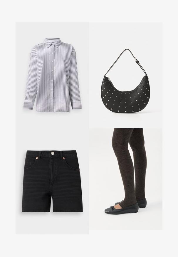 Lange mouw gestreepte overhemd met verticale paarse strepen, een puntige kraag en brede gestreepte manchetten op een lichte achtergrond.; Zwarte denimshorts met knoopsluiting aan de voorkant, riemlussen, twee voorzakken en een klein muntenzakje, plat op een witte achtergrond weergegeven.; Benen met donkere geribbelde leggings gecombineerd met zwarte ballerina's met kleine strikdetails op een witte achtergrond.; Zwarte leren handtas met een gebogen vorm, versierd met zilveren studs, voorzien van een ritssluiting en een enkele verstelbare schouderband.