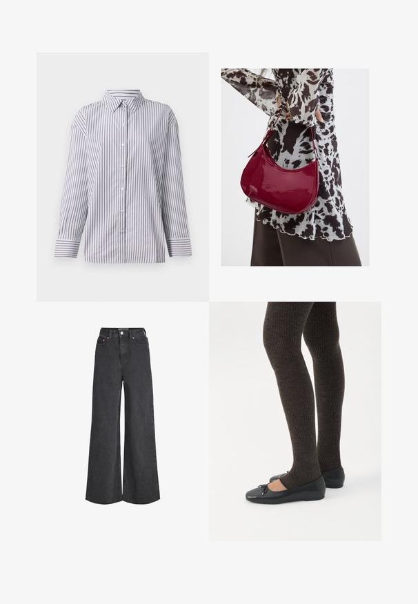 Lange mouw gestreepte overhemd met verticale paarse strepen, een puntige kraag en brede gestreepte manchetten op een lichte achtergrond.; Zwarte high-waist jeans met wijde pijpen, sluiting aan de voorkant met knopen en rits, voorzakken en rafelige zoom.; Benen met donkere geribbelde leggings gecombineerd met zwarte ballerina's met kleine strikdetails op een witte achtergrond.; Vrouw met een zwart-wit gebloemde blouse houdt een glanzende rode schoudertas vast tegen een effen achtergrond.