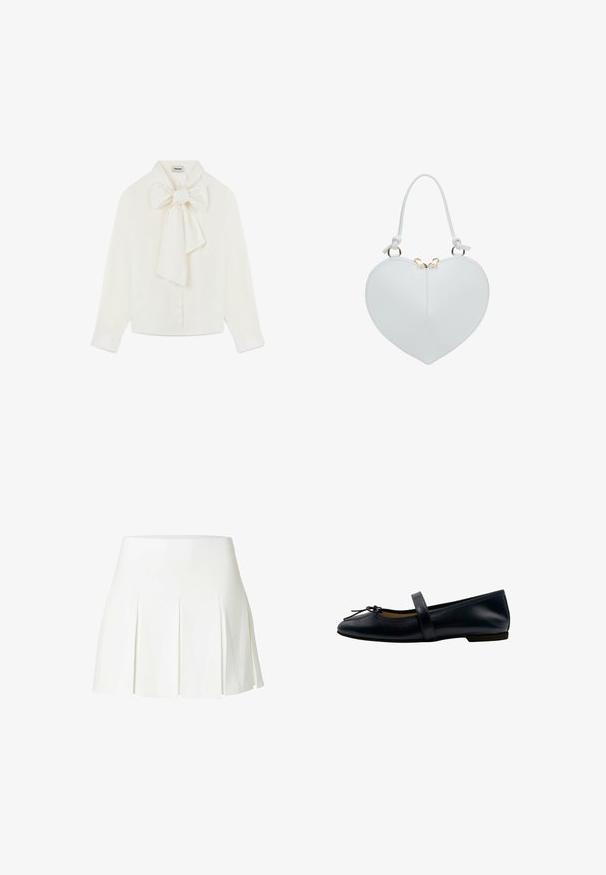 Rodier TIE NECK - Overhemdblouse - blanc; Witte geplooide minirok met hoge taille, gemaakt van een gestructureerde stof.; Flat ballerina schoen in marineblauwe leer, met een klein strikdetail, een lichte hak en een band over de wreef voor een veilige pasvorm.; Witte leren handtas in hartvorm met kort handvat en goudkleurige ritssluiting bovenaan in het midden.