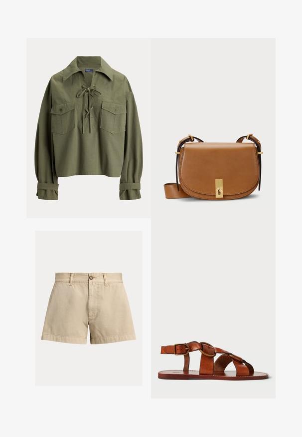 Camisa de manga larga color verde oliva con cuello grande, detalle de cordones en el frente, dos bolsillos en el pecho con botones y correas en los puños.; Shorts de algodón beige con corte recto, cierre de botón y dos bolsillos delanteros. Textura suave y detalle de dobladillo vuelto.; Sandalia de cuero marrón con un diseño de tiras horizontales y circulares, suela plana y un acento de hebilla metálica, que muestra una textura lisa.; Bolsa de silla de cuero en tono marrón claro con forma curva, herrajes de bronce y un acento dorado en la parte frontal. Correa ajustable para un uso versátil.