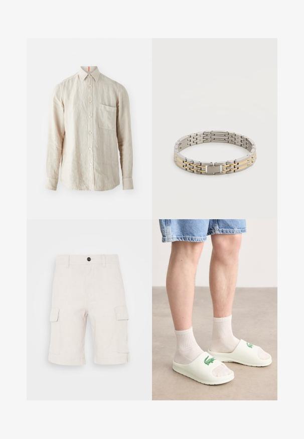 Camisa de lino beige con mangas largas, cierre de botones en la parte delantera, un bolsillo en el pecho y una textura sutil. Acento naranja en el escote.; Pantalones cortos cargo beige hechos de tela ligera, con dos bolsillos laterales y un dobladillo doblado. Cierre de botón en la cintura.; Chanclas blancas sin puntera, con un logo verde, llevadas con calcetines blancos de canalé y pantalones cortos de mezclilla. Material suave y suela plana.; Pulsera de eslabones de metal en tonos plateado y dorado con un cierre rectangular grabado con el nombre de una marca sobre un fondo blanco.