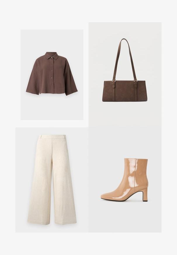 Braunes, zerknittertes, strukturiertes Hemd mit Knöpfen, weiten Ärmeln und klassischem Kragen vor weißem Hintergrund.; Beige Hosen mit weitem Bein, Gürtelösen, hoher Taille und lockerem, geradem Schnitt aus strukturiertem Stoff.; Nude-farbene Lack-Stiefeletten mit spitzem Zehenbereich, glänzender Oberfläche und mittelhohem Blockabsatz. Glatte Textur und schlanke Silhouette.; Braune rechteckige Schultertasche mit langen Trägern und minimalen Steppnähten vor einfarbigem Hintergrund.