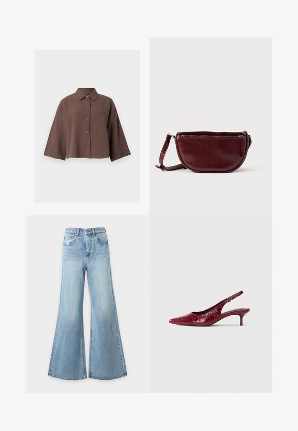 Bruin gekreukt textuur overhemd met knopen, brede mouwen en een klassieke kraag tegen een witte achtergrond.; Lichtblauwe denim jeans met wijde pijpen, vooraan met knoop- en ritssluiting, riemlussen en voorzakken, weergegeven op een effen achtergrond.; Bordeaux lederen slingback pump met krokodillenstructuur, puntige neus, verstelbare gesp en lage kittenhak op een witte achtergrond.; Dieprode lederen handtas met een halve-maansvorm, een ritssluiting en een afneembare riem. Gladde textuur met een subtiele glans.
