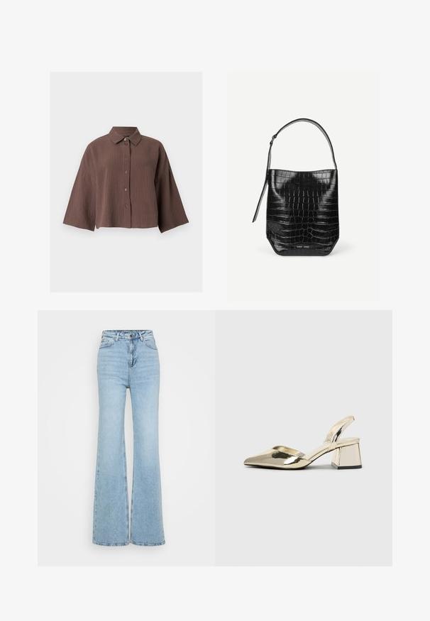 Braunes, zerknittertes, strukturiertes Hemd mit Knöpfen, weiten Ärmeln und klassischem Kragen vor weißem Hintergrund.; Helle blaue Schlagjeans aus Denim, mit hohem Bund, Fünf-Taschen-Design und ungesäumtem Saum unten. Die Textur ist leicht abgenutzt.; Goldene, metallische Slingback-Absätze mit spitzem Zeh und dicker Ferse. Glatte Textur, minimalistisches Design und ein schmaler Riemen.; Schwarze Beuteltasche aus krokodilhautgeprägtem Leder mit einem einzelnen Schulterriemen und kleinem silbernen Markenlogo vorne unten in der Mitte.
