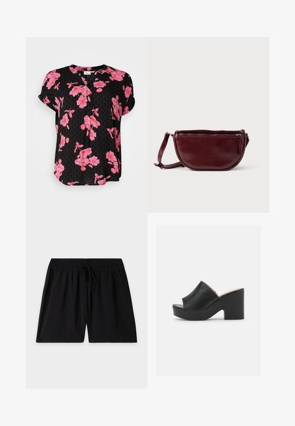 Zwarte korte mouwen shirt met een bloemenpatroon in het roze, met een V-hals en een ontspannen pasvorm, gemaakt van lichtgewicht stof.; Zwarte shorts met elastische tailleband, verstelbaar trekkoord en zijzakken, plat neergelegd op een effen lichte achtergrond.; Zwarte leren open teen muiltjes met een brede voorkant en een stevige, hoge plateauhak met een gladde textuur. Zijaanzicht weergegeven.; Dieprode lederen handtas met een halve-maansvorm, een ritssluiting en een afneembare riem. Gladde textuur met een subtiele glans.