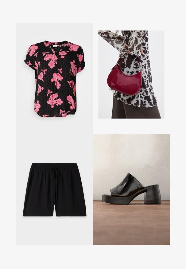 Sort kortærmet skjorte med et blomsterdesign i pink, med V-hals og afslappet pasform, lavet af letvægtsstof.; Sort shorts med elastisk linning, justerbar snøre og sidelommer, lagt fladt på en almindelig lys baggrund.; Sort laklæder mule med åben tå og kraftig blokhæl, placeret oprejst på gråt gulv mod sløret baggrund.; Kvinde iført en sort- og hvidmønstret bluse, der holder en blank rød skuldertaske mod en ensfarvet baggrund.