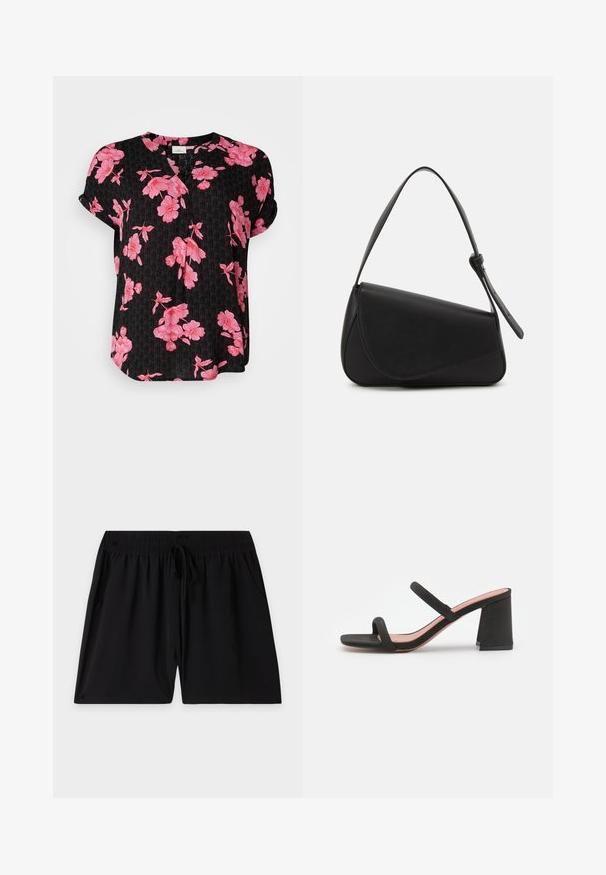 Zwarte korte mouwen shirt met een bloemenpatroon in het roze, met een V-hals en een ontspannen pasvorm, gemaakt van lichtgewicht stof.; Zwarte shorts met elastische tailleband, verstelbaar trekkoord en zijzakken, plat neergelegd op een effen lichte achtergrond.; Call it Spring KAIAA - Muiltjes met hak - black; Zwart leren handtas met een driehoekige vorm, schuine klep en een ronde handgreep. Heeft een gladde textuur en minimalistische ontwerpelementen.
