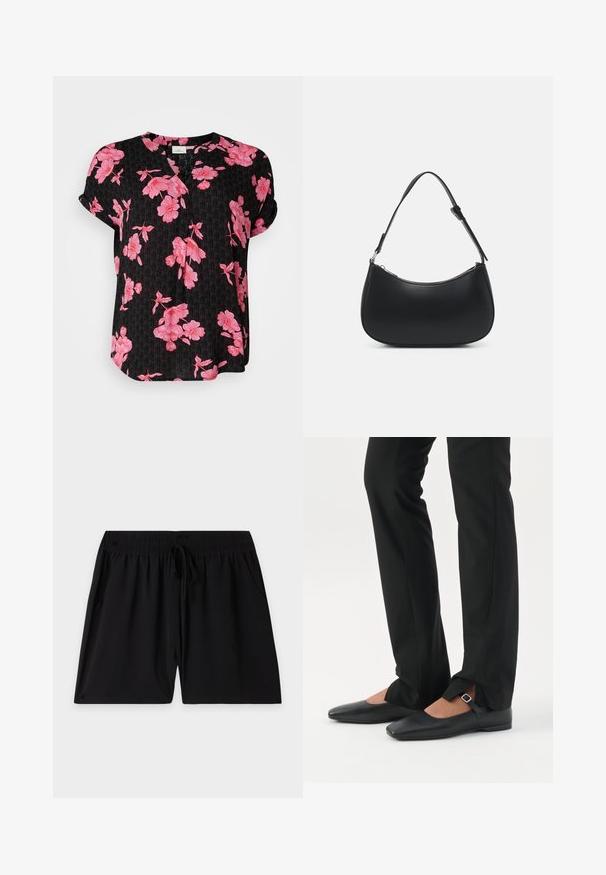 Zwarte korte mouwen shirt met een bloemenpatroon in het roze, met een V-hals en een ontspannen pasvorm, gemaakt van lichtgewicht stof.; Zwarte shorts met elastische tailleband, verstelbaar trekkoord en zijzakken, plat neergelegd op een effen lichte achtergrond.; Benen met zwarte smalle broek met voorsplitten aan de zoom, gecombineerd met zwarte platte Mary Jane-schoenen met een klein gespje.; Pieces PCALUANA SHOULDER BAG - Handtas - black