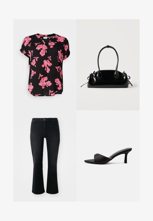 Sort kortærmet skjorte med et blomsterdesign i pink, med V-hals og afslappet pasform, lavet af letvægtsstof.; Sorte denim jeans med mid-rise talje, frontknap, to frontlommer, to baglommer og flared ben.; Sort åben-tå mule sko med en mellemhøj slank hæl og en bred rem over fronten, vist fra siden på en ensfarvet baggrund.; Lille sort blank håndtaske med to lange håndtag og snøre-detaljer i siden på en ensfarvet lys baggrund.