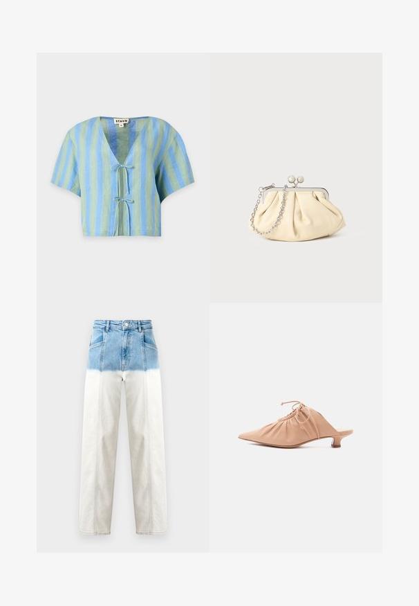 Korte mouwen cropped blouse met verticale blauwe en groene strepen en twee sluitingen met strik aan de voorkant, maat medium, merk Staud.; Denim jeans hebben een blauwe bovenkant die vervaagt naar wit. Hoge taille, rechte pijpen en zichtbare stiksels.; Beige leren damesmuiltje met puntige neus, geplooide bovenzijde, trekkoord en lage kittenheel, afgebeeld op witte achtergrond.; Geplooide beige leren clutch met een zilveren metalen frame, voorzien van twee ronde decoratieve sluitingen en een zilveren kettingriem.