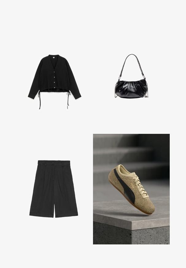 ARKET SEERSUCKER - Blouse - black; Shorts noirs en lin à coupe décontractée, avec un devant plat, deux poches latérales et une fermeture à bouton à la taille.; Baskets beige avec une bande noire et de petits points noirs, lacets beige, et semelle gomme, suspendues en l'air au-dessus d'un rebord en béton gris.; Sac à bandoulière en cuir noir brillant avec design plissé, accents en chaîne argentée et une sangle texturée ornée de clous.