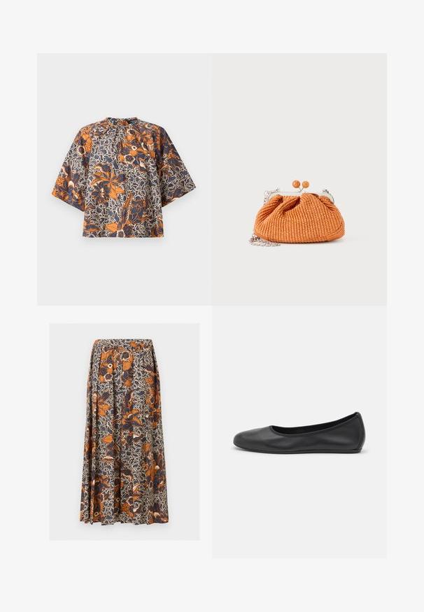 Blouse à manches courtes avec col montant, présentant un motif floral orange et bleu marine sur un fond abstrait blanc et noir.; Jupe midi avec taille élastique, présentant un motif floral et abstrait complexe bleu marine et orange brûlé sur fond crème.; Ballerines en cuir noir avec un bout rond, texture lisse, détails de couture minimalistes et design de semelle flexible.; Petit sac pochette tissé orange avec cadre en métal argenté, fermoir rond et bandoulière chaîne argentée sur fond blanc.