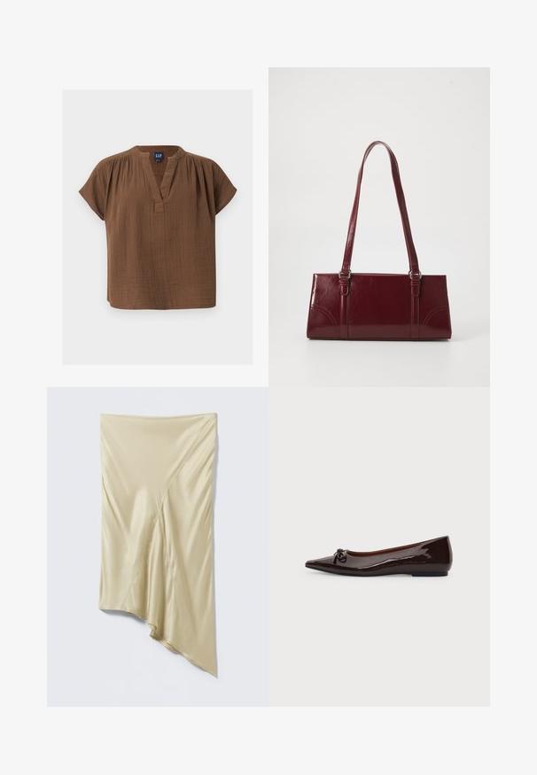 Blouse en coton marron à manches courtes, col en V et détails froncés aux épaules, étiquetée GAP, présentée sur un fond clair uni.; Jupe asymétrique en satin beige avec coutures diagonales et ourlet drapé irrégulier sur fond gris clair.; Chaussure plate marron brillante à bout pointu avec un petit nœud sur le devant et un petit talon sur un fond uni.; Sac à main bordeaux en matériau brillant, de forme rectangulaire, avec deux anses et des accents légèrement courbés à l'avant.