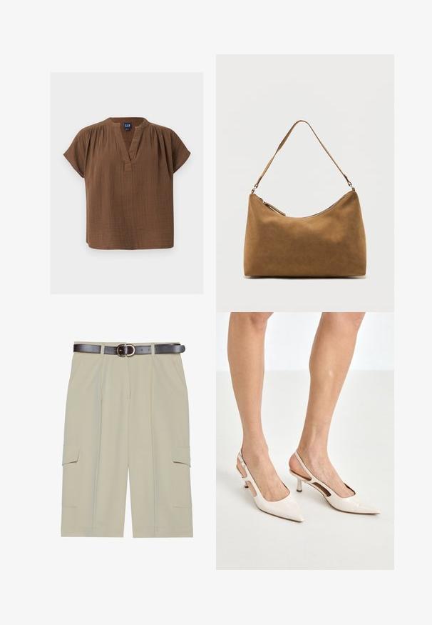 Kortebruine katoenen blouse met V-hals en geplooide schouderdetails, met label GAP, getoond op een effen lichte achtergrond.; Beige cargoshorts met een ontspannen pasvorm, voorzien van twee zijzakken en een bruine riem met een ronde gesp, gladde stoftextuur.; Beige gepatineerde leren slingback hakken met een spitze neus en een hak van 5 cm, met uitsparingen aan de zijkanten en een dunne enkelband.; Bruine suède schoudertas met een enkele band en een ritssluiting aan de bovenkant, gepresenteerd tegen een effen witte achtergrond.