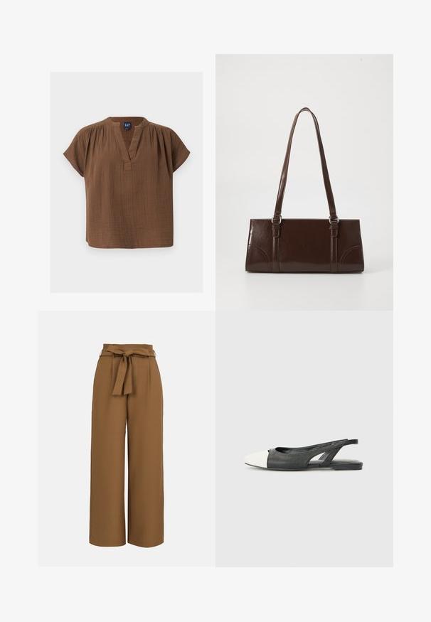 Blouse en coton marron à manches courtes, col en V et détails froncés aux épaules, étiquetée GAP, présentée sur un fond clair uni.; Pantalon marron à jambes larges avec taille haute et ceinture en tissu nouée en nœud à l'avant sur un fond clair uni.; Chaussure slingback noir et blanc avec un corps en tissu texturé, bout pointu et un design découpé sur les côtés. Semelle plate pour un confort optimal.; Sac à main en cuir verni marron de forme rectangulaire, avec deux longues poignées et des accents courbés subtils à l'avant.