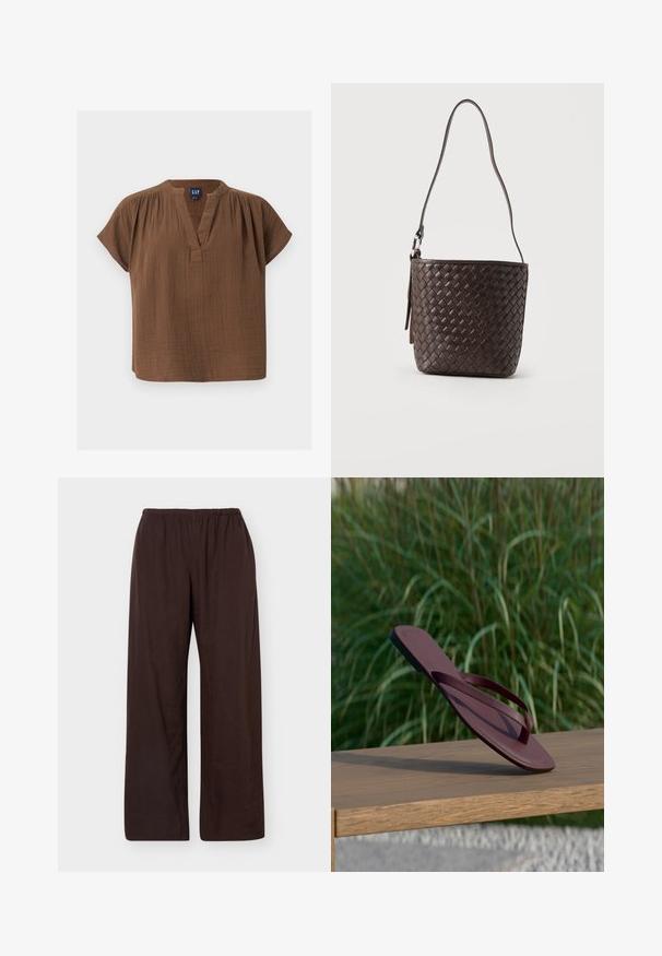 Blouse en coton marron à manches courtes, col en V et détails froncés aux épaules, étiquetée GAP, présentée sur un fond clair uni.; Pantalon marron foncé, coupe ample, taille élastique, jambes droites, sans poches ni motifs visibles.; Une seule tong marron foncé en équilibre debout sur un banc en bois avec de l'herbe haute verte en arrière-plan.; Sac seau en cuir tressé marron foncé avec une seule bandoulière ajustable et un détail de boucle en métal argenté.