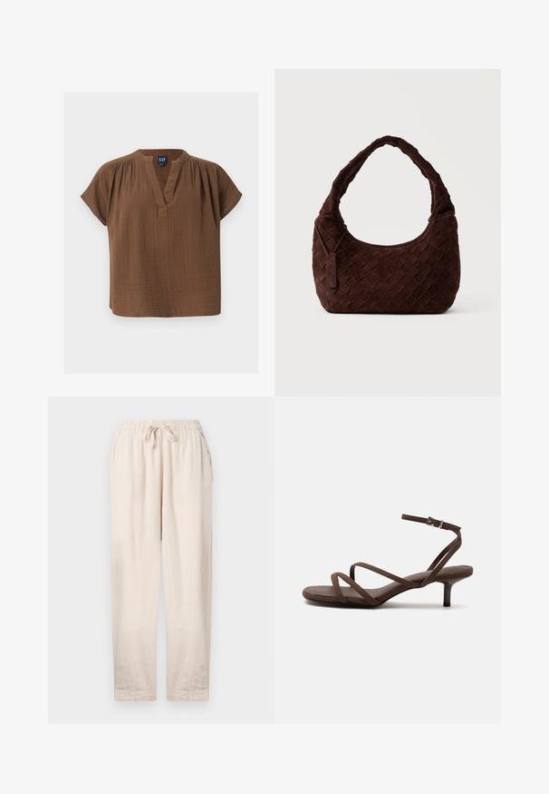 Blouse en coton marron à manches courtes, col en V et détails froncés aux épaules, étiquetée GAP, présentée sur un fond clair uni.; Pantalons en lin beige avec une taille élastique et un cordon de serrage. Comprend deux poches latérales et une coupe décontractée avec des jambes droites.; Sandale marron à talons hauts avec fines lanières croisées et bride de cheville avec boucle argentée sur fond blanc.; Sac à épaule en cuir tressé marron foncé avec une forme douce et arrondie et une large anse, avec une petite étiquette en cuir attachée.