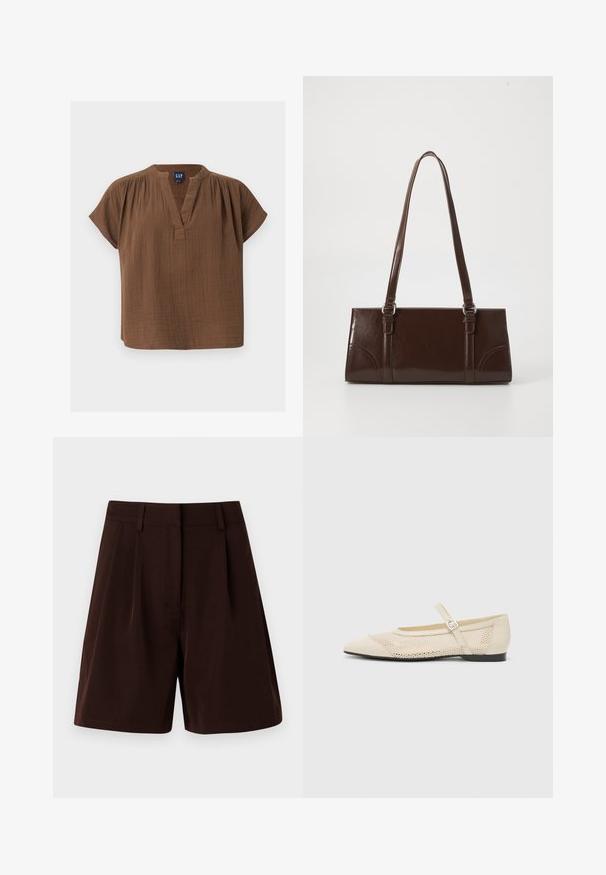 Brun bomuldsbluse med korte ærmer, V-hals og samlet skulderdetalje, mærket GAP, vist på en ensfarvet lys baggrund.; Brune plisserede shorts lavet af letvægtsstof. Har en klassisk talje og sidelommer, med en lige pasform og kantede kanter.; Beige balletflader med spids tå, mesh design overlay og en side spænde. Flad sål med en glat tekstur.; Brun lakeret håndtaske med rektangulær form, to lange håndtag og subtile buede detaljer på fronten.