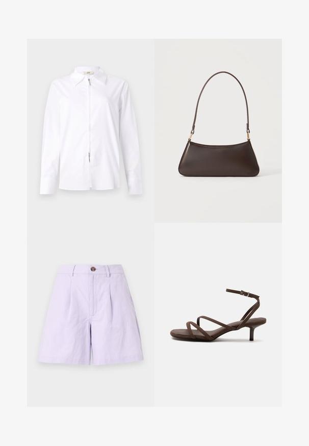 Camisa blanca de manga larga con cuello tipo polo y cremallera frontal. Confeccionada en un tejido suave con forma ajustada y detalles de puños abotonados.; Pantalones cortos lila de tela ligera con un frente plisado, cierre de botón, trabillas para cinturón y bolsillos laterales. Bordes limpios y diseño clásico.; Sandalia marrón de tacón alto con tiras finas cruzadas y una correa en el tobillo con una hebilla plateada sobre un fondo blanco.; Bolso de mano de piel marrón oscura con cremallera superior curva y una correa fina para el hombro con cierres dorados sobre un fondo liso.