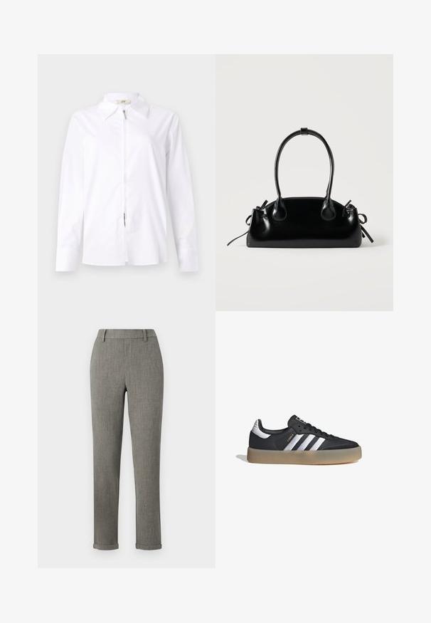 Camisa blanca de manga larga con cuello tipo polo y cremallera frontal. Confeccionada en un tejido suave con forma ajustada y detalles de puños abotonados.; Pantalones ajustados gris tailored con trabillas para cinturón y bajos remangados, adecuados para ropa formal o de oficina.; Zapatilla deportiva de cuero negro con tres rayas plateadas, punta texturizada y suela de goma. Cuenta con un collar acolchado y un diseño con cordones.; Pequeño bolso negro brillante con dos asas largas y detalles de cordón lateral sobre un fondo claro liso.