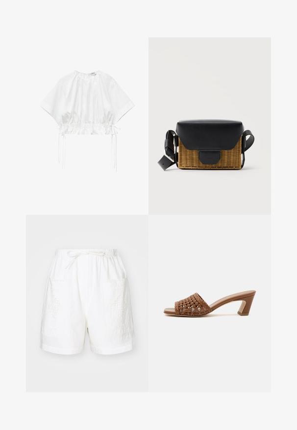 Weiße locker geschnittene kurze Bluse mit weiten Ärmeln, gerafftem Ausschnitt und verstellbaren Kordeln an der Taille auf beiden Seiten.; Weiße Baumwollkurzshorts mit einem elastischen Bund, Kordelzug und zwei vorderen Taschen, die mit komplizierten Stickereien verziert sind.; Brauner gewebter Open-Toe-Mule mit Blockabsatz und Slip-On-Design auf schlichtem weißen Hintergrund.; Rechteckige Korb-Umhängetasche mit schwarzer Lederklappe und verstellbarem Riemen, dargestellt vor einem einfarbigen hellen Hintergrund.