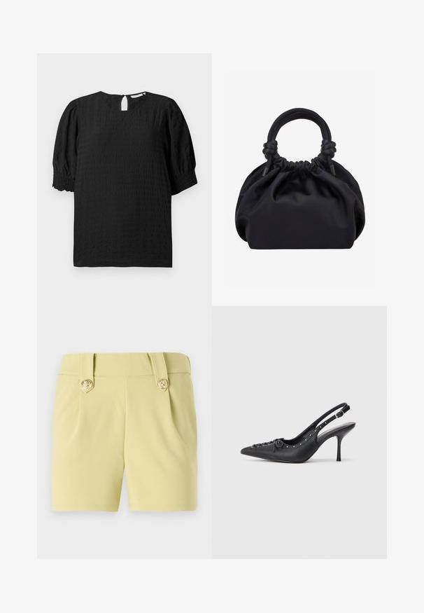 Blouse noire texturée avec un col rond, des manches courtes bouffantes et une fermeture par ouverture en forme de clé au dos. Présente un motif de grille subtil sur l'ensemble.; Shorts jaune clair en tissu lisse, avec deux plis à l'avant et des boutons décoratifs dorés sur la taille. Design ajusté.; Escarpin en cuir noir à talon aiguille avec un bout pointu, une bride latérale à boucle, des clous le long du bord et un laçage décoratif à l'avant.; Sac à main en tissu noir doux avec haut froncé et poignées circulaires rembourrées nouées de chaque côté.