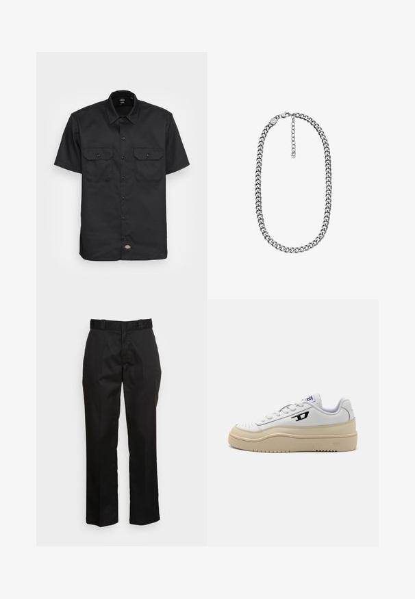 Chemise noire à manches courtes en tissu lisse ; présente deux poches poitrine avec rabat, fermeture à bouton et un col classique.; Pantalons noirs en tissu lisse, avec une coupe droite, des passants de ceinture et deux poches latérales. Look classique sans embellissements.; Sneaker blanche avec un upper en cuir lisse, semelle en caoutchouc beige, bout rond, fermeture à lacets et un accent de logo noir sur le côté.; Collier chaîne curb ton argent avec fermoir mousqueton et chaîne d'extension réglable sur fond blanc.