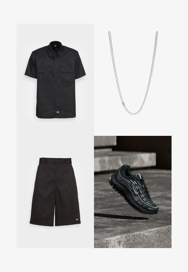 Schwarzes Kurzarmhemd aus glattem Stoff; verfügt über zwei Brusttaschen mit Klappen, Knopfverschluss und einen klassischen Kragen.; Schwarze Baumwollshorts mit geradem Schnitt, knielang, mit sichtbar eingesticktem Markenzeichen am Saum und einer glatten Textur.; Schwarzer und grauer Nike Air Max Sneaker, der über graue Betonstufen mit strukturiertem Bodenhintergrund schwebt.; Silberne Kettenhalskette mit ineinandergreifenden Gliedern, glatter Textur und einheitlicher rechteckiger Form. Sicherer Verschluss.