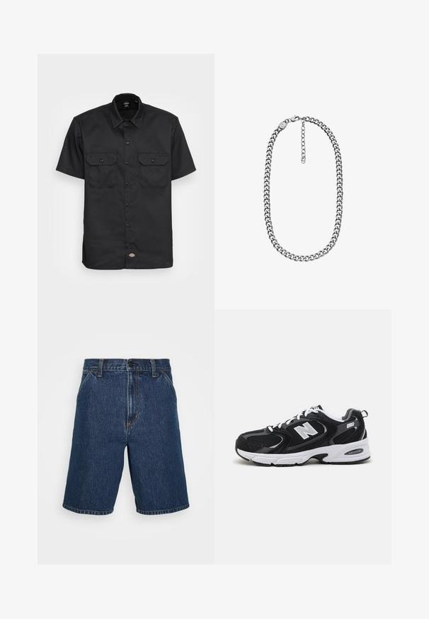 Kortærmet sort skjorte lavet af glat stof; har to brystlommer med klap, knaplukning og en klassisk krave.; Mørkeblå denimshorts med lige pasform. Har gule syninger og et klassisk fem-lomme design. Regulær talje og kantede kanter.; Sorte og grå sportssko med mesh og ruskind på overdelen, der har en hvid mellemsål, snørebånd og et iøjnefaldende "N" logo på siden.; Smykke med sølvfarvet curb-kæde med en lås med hummerlås og justerbar forlængerkæde på en hvid baggrund.