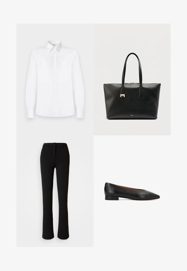 Witte lange mouwen shirt van soepel stof, met een kraaglijn en een knoopsluiting met lichtroze knopen.; Zwarte broek gemaakt van een gladde stof, met een recht model, voorzakken en een standaard tailleband met een riemlus.; Zwarte leren platte schoen met een puntige neus, minimalistisch ontwerp, lage hak en glad oppervlak. Het interieur heeft een contrasterende tan voering.; Zwarte leren shopper met structuur, twee lange hengsels, gouden rits en een klein gouden logo aan de onderkant in het midden.
