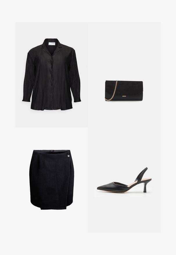 Selected SLFELLIE PLISSE SHIRT - Blouse - black; Jupe noire enveloppante avec une fermeture à bouton sur le côté, fabriquée en tissu lisse, arrivant au genou avec un léger détail de superposition.; Chaussure slingback en cuir noir avec un bout pointu, un talon fin et un design épuré, présentant une silhouette élégante et une texture lisse.; Porte-monnaie noir en daim avec une finition texturée, doté d'une chaîne dorée et d'un design épuré et angulaire.