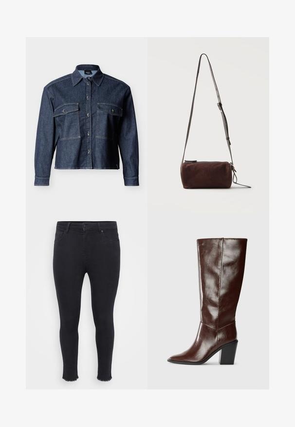 Donkerblauwe denimjas met lange mouwen, twee klepzakken aan de voorkant, knoopsluiting en een klassieke kraag.; Zwarte skinny jeans van denim, met een rafelige zoom bij de enkel, twee voorzakken en een met knopen gesloten taille.; Hoge donkerbruine leren laars met een spitse neus en een gestapelde blokhak, vanuit de zijkant weergegeven op een effen achtergrond.; Donkerbruine suède cilindervormige crossbodytas met verstelbare dunne leren riem en bovenritssluiting.