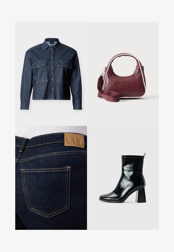 Mørkeblå denimjakke med lange ærmer, to forlommer med klap, knaplukning og klassisk krave.; Mørkeblå denimjeans med synlige orange syninger og en brun læderlap med mærket "VMD" over den bageste højre lomme.; Sorte patent ankelstøvler med firkantet tå og chunky geometrisk hæl. Har en glat, skinnende overflade og en bageste løkke til nem påklædning.; Mørkerød vævet lædertaske med buet hank, hvid kant, sølv lynlås og aftagelig bred stofskulderrem mod en ensfarvet baggrund.