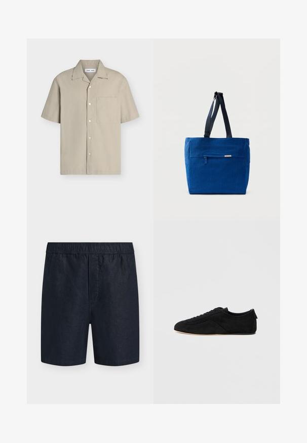 Chemise beige à manches courtes avec boutons, col pointu et poche poitrine gauche, posée à plat sur un fond blanc.; Shorts pour homme bleu marine avec taille élastique et sans poches visibles, présentés sur un fond clair uni.; Basket basse en daim noir avec lacets à l’avant et semelle beige, vue de côté extérieur sur fond gris clair.; Sac fourre-tout en toile bleue avec une poche zippée à l'avant, des doubles bretelles et une forme rectangulaire. Dispose d'une étiquette de marque discrète.