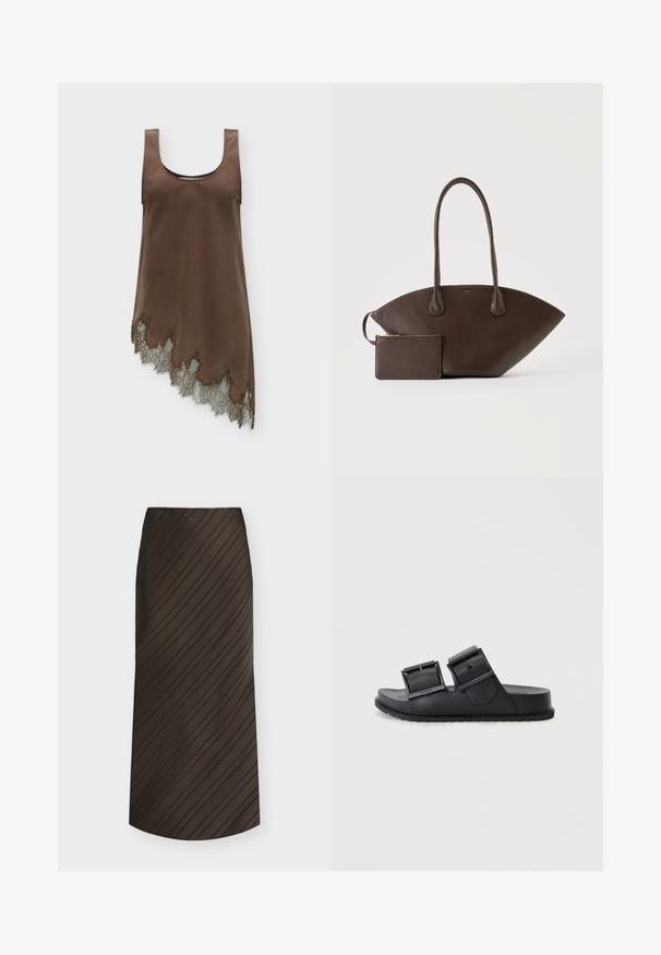 Vestido marrón sin mangas de satén con escote redondo y dobladillo asimétrico con ribete de encaje a lo largo del borde inferior.; Falda línea A marrón oscuro con rayas negras diagonales, largo midi y cinturilla sencilla.; Sandalias de slide negras hechas de un material texturizado con dos correas ajustables que cuentan con hebillas. Suela plana con un diseño de dibujo para mayor agarre.; Bolso de mano de cuero marrón oscuro con asas largas y pequeño bolso con cremallera a juego sobre un fondo claro y liso.